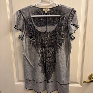 One World Live and Let Live Gray Paisley Henley Top flutter